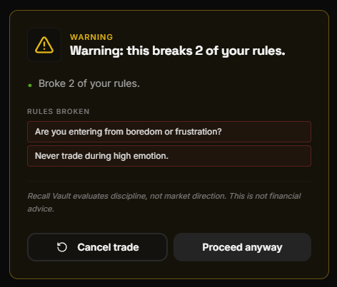 Safety Trade warning verdict showing two rules broken
