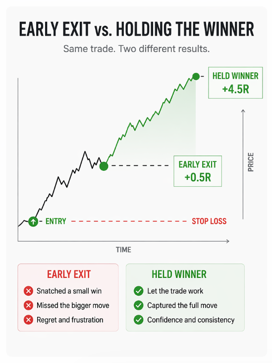 Chart comparing an early exit at +0.5R versus holding the winner to +4.5R