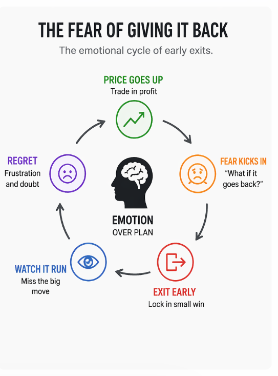 Diagram of the emotional cycle behind early exits: profit, fear, exit, watch it run, regret